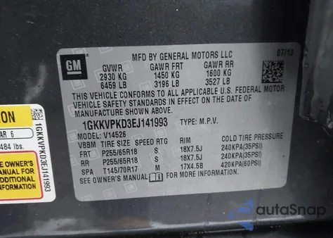 2014 GMC Acadia Sle-2 from USA, damaged, VIN 1GKKVPKD3EJ141993